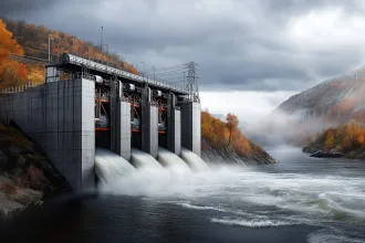 Hydroelectric Plant in Scenic River Landscape