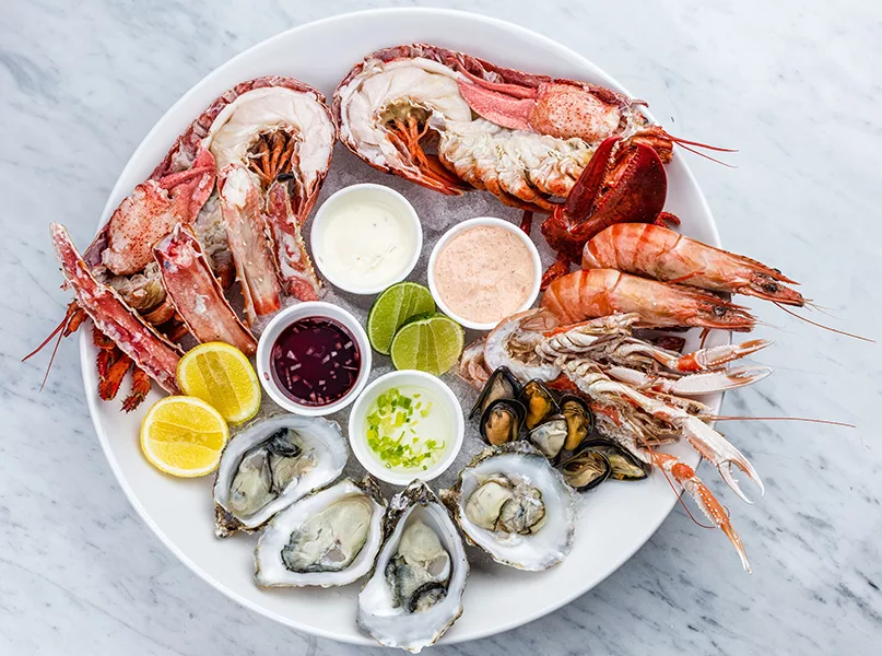 Fresh seafood platter with lobster, mussels and oysters