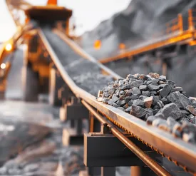Close-up of rocks on a conveyor belt system in an industrial mining or quarry environment with heavy machinery in the background.