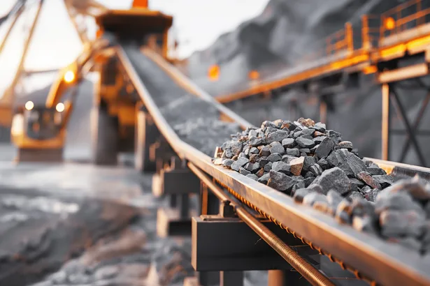 Close-up of rocks on a conveyor belt system in an industrial mining or quarry environment with heavy machinery in the background.