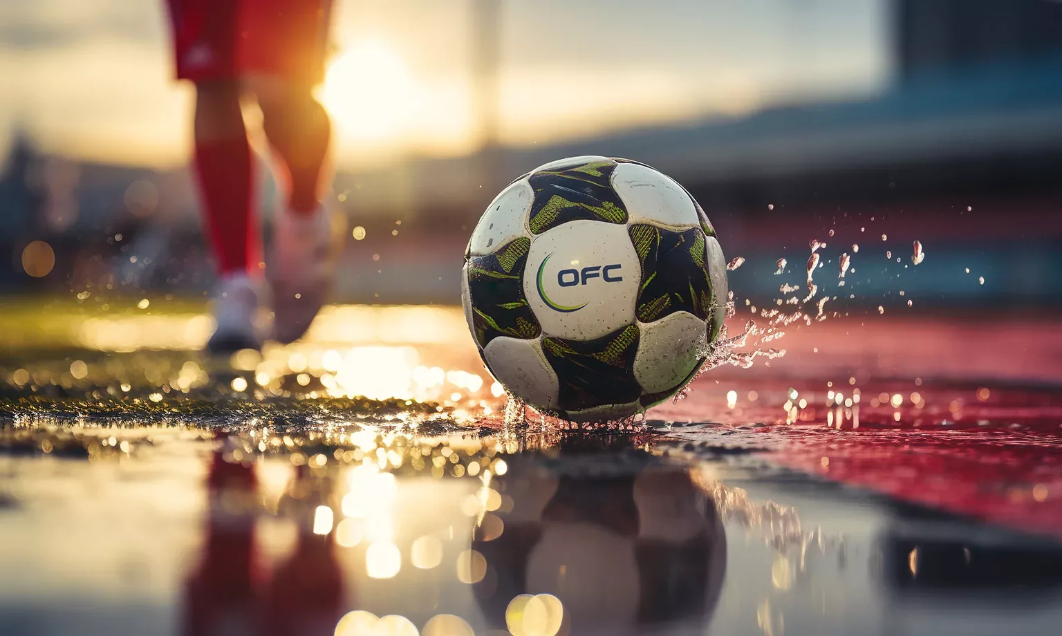 Close-up of legs playing soccer in a wet stadium