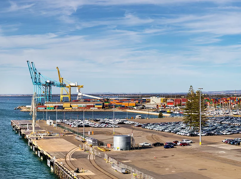 Panoramic view of the cranes and dock at the Port of Adelaide, Outer Harbor, Australia