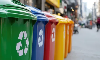 Recycling bins in a city centre
