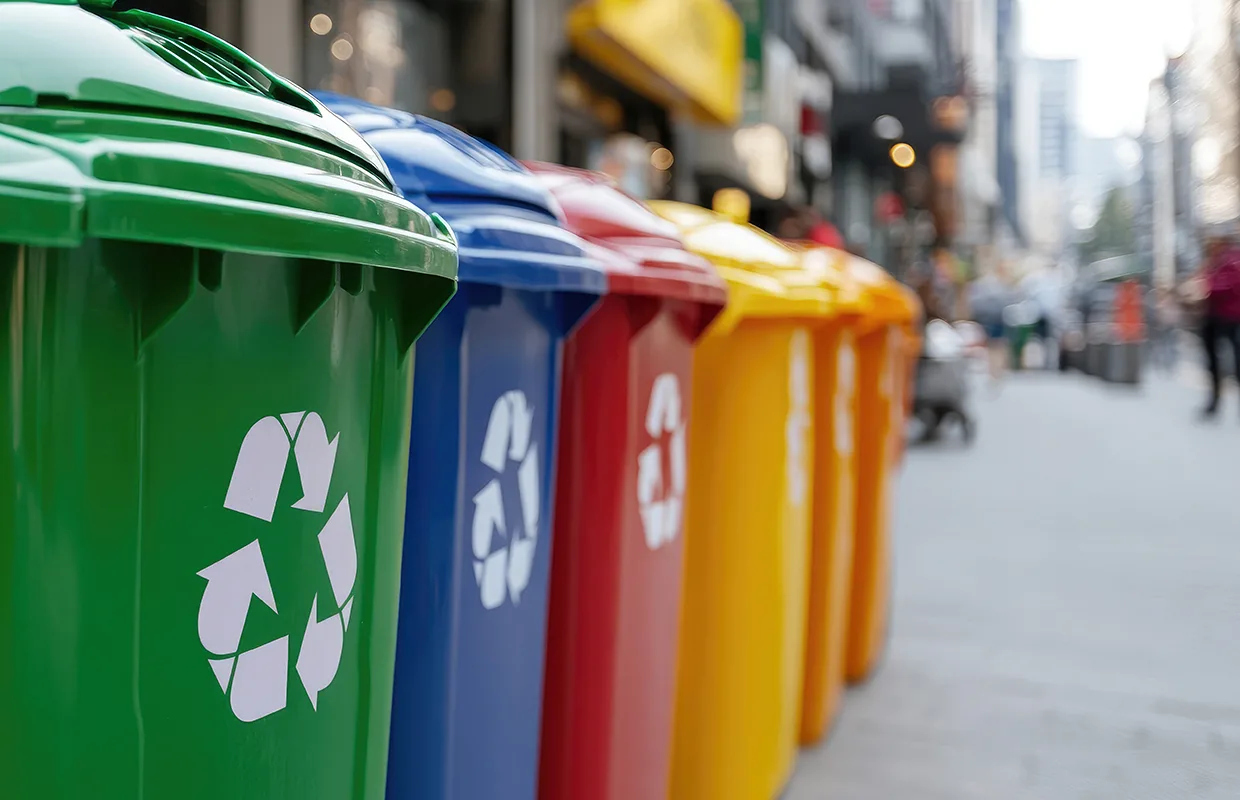 Recycling bins in a city centre