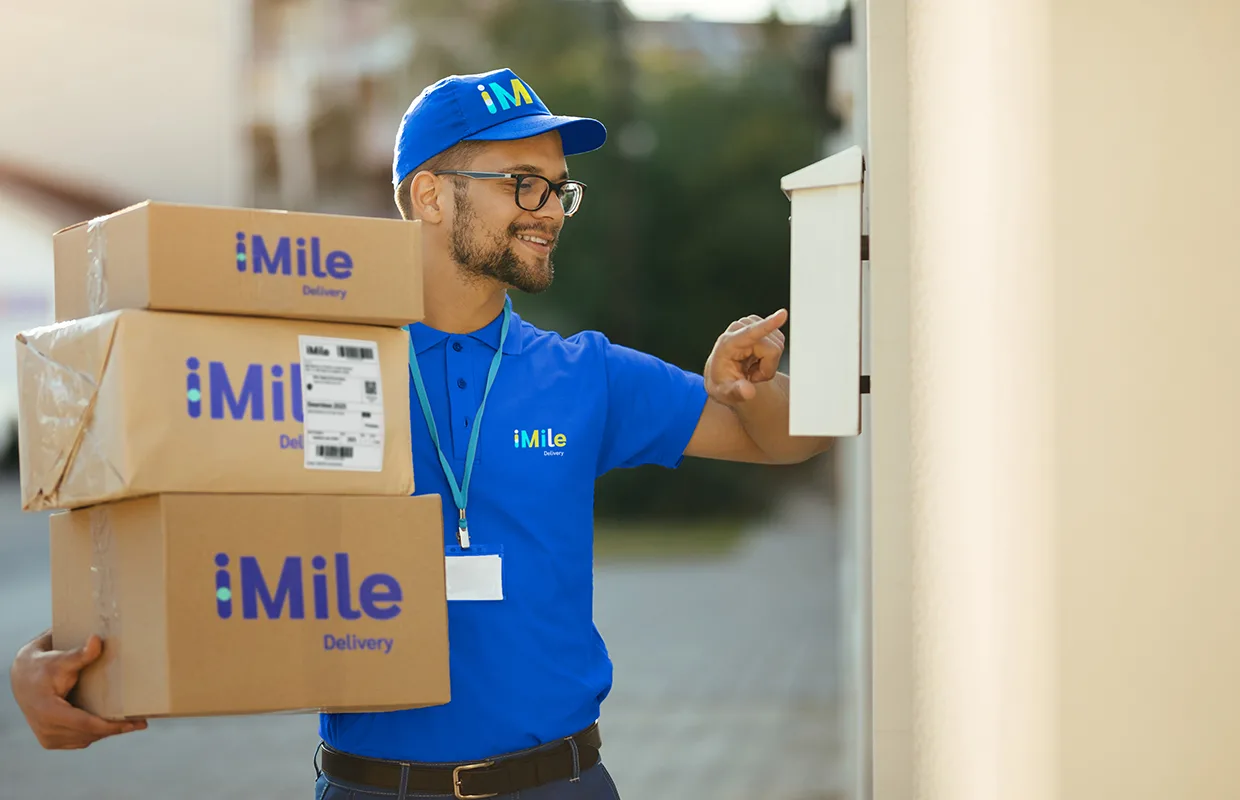 Happy deliverer reading data on a mailbox